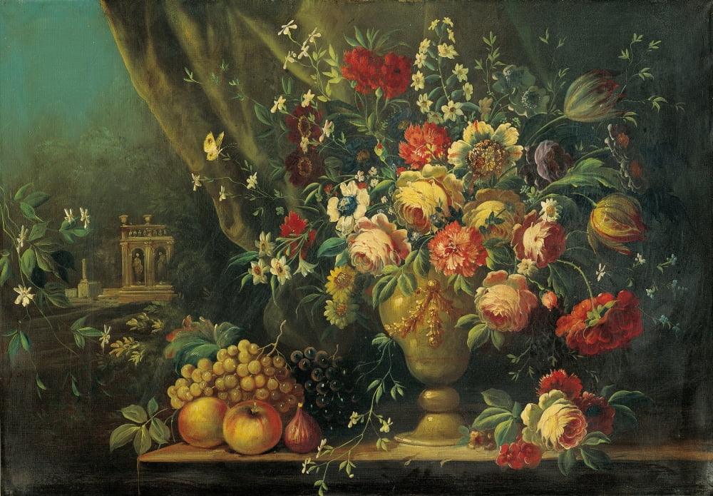 Still Life with Flowers and Fruits Poster Print - Natura Morta Con Fiori E Frutti