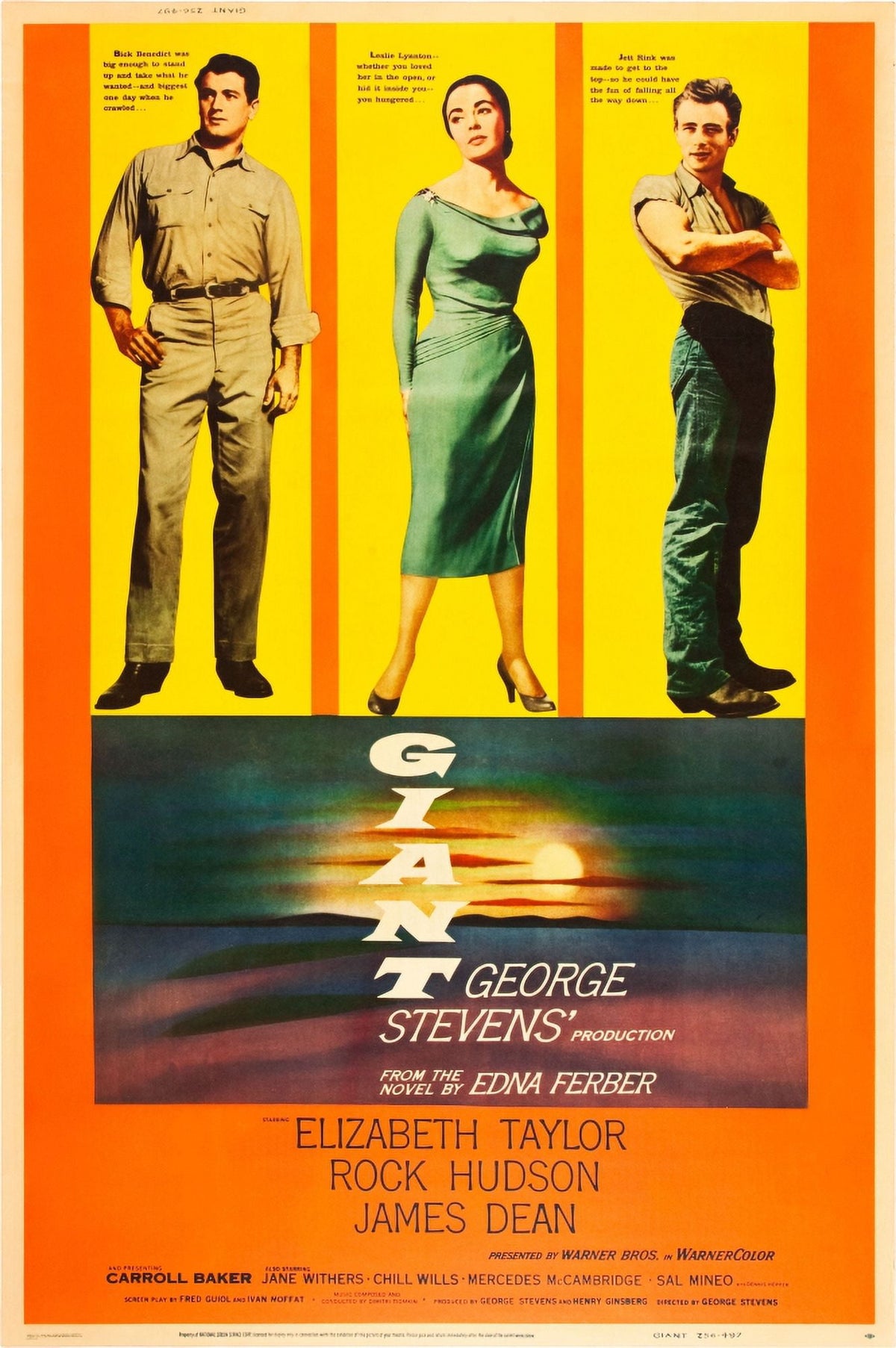 1956 movie poster featuring Rock Hudson, Elizabeth Taylor, and James Dean in vibrant colors.