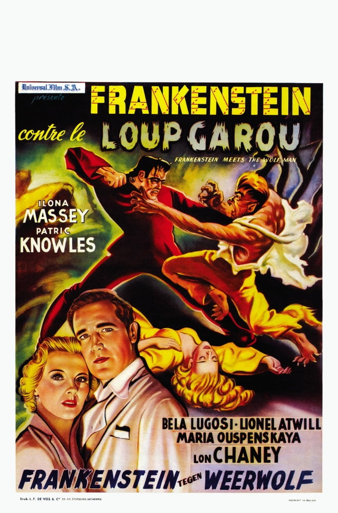 Frankenstein Meets The Wolf Man Movie Poster Masterprint, vintage horror film art.