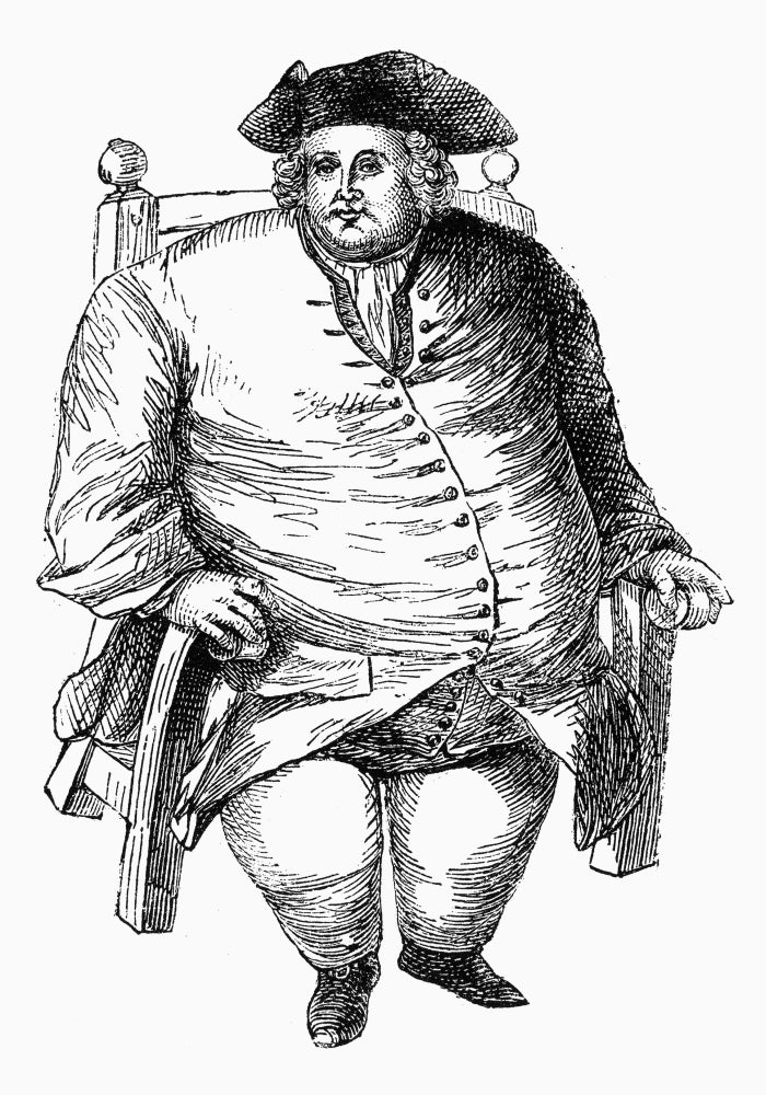 Wood engraving of an obese man sitting in a chair, 18th century art print