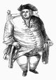Wood engraving of an obese man sitting in a chair, 18th century art print
