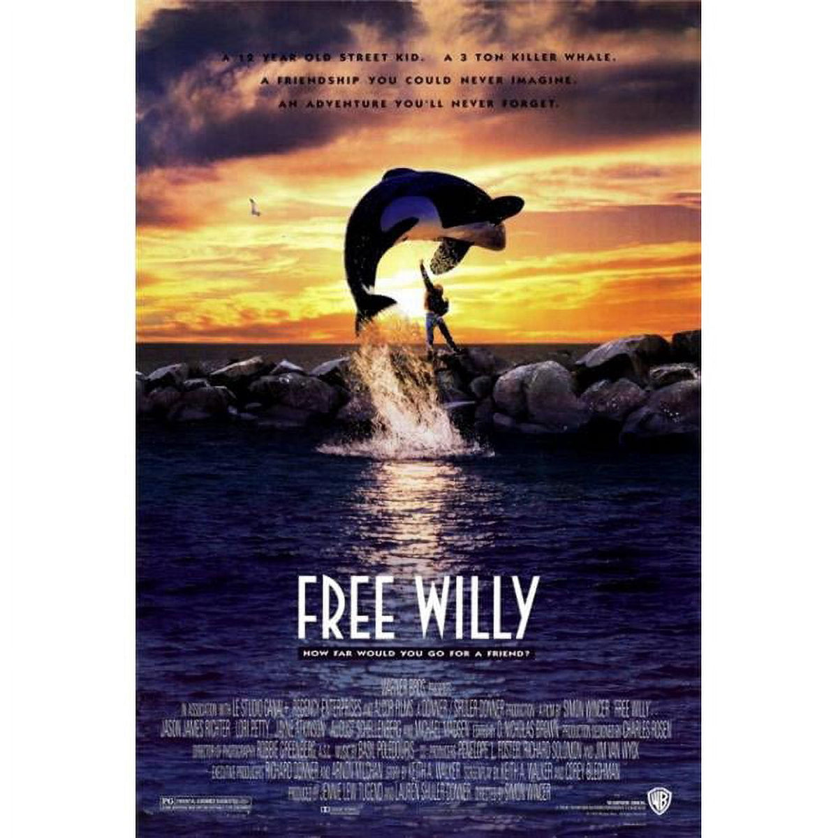 Free Willy Movie Poster Print featuring a boy and whale, 27x40 inches