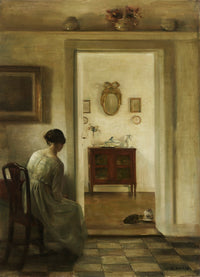 Woman in an Interior with Two Cats Drinking Milk Poster Print by Carl Holsøe
