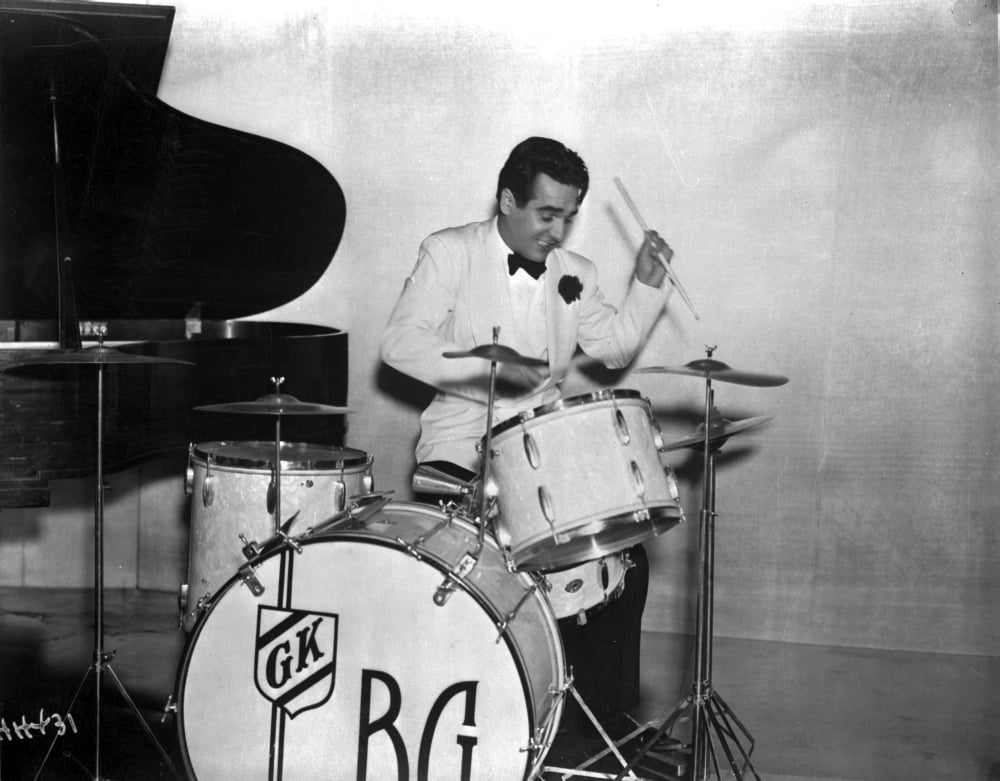 Gene Krupa playing the drums photo print, iconic jazz drummer.