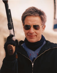 John Cassavetes photo print holding a gun in black jacket.