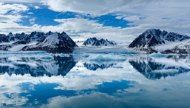 Monacobreen Glacier and mountain reflections photo print from Svalbard, Norway.