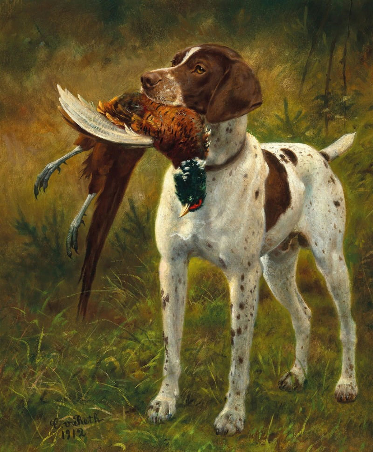A Hunting Dog with a Pheasant fine art print by Caspar von Reth, showcasing a hunting dog and its pheasant catch.