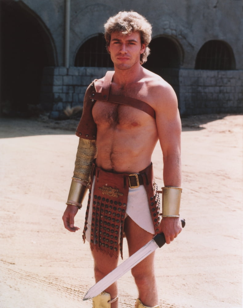 Close-up photo print of Jon-Erik Hexum in gladiator costume.