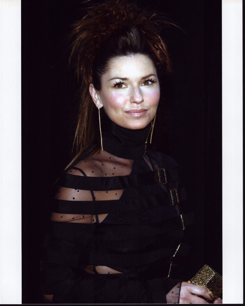 Shania Twain stunning photo print in sheer belted top