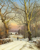 Vinterdag i Skoven Nordsjælland art print by Anders Andersen-Lundby featuring a man walking his dog in winter.