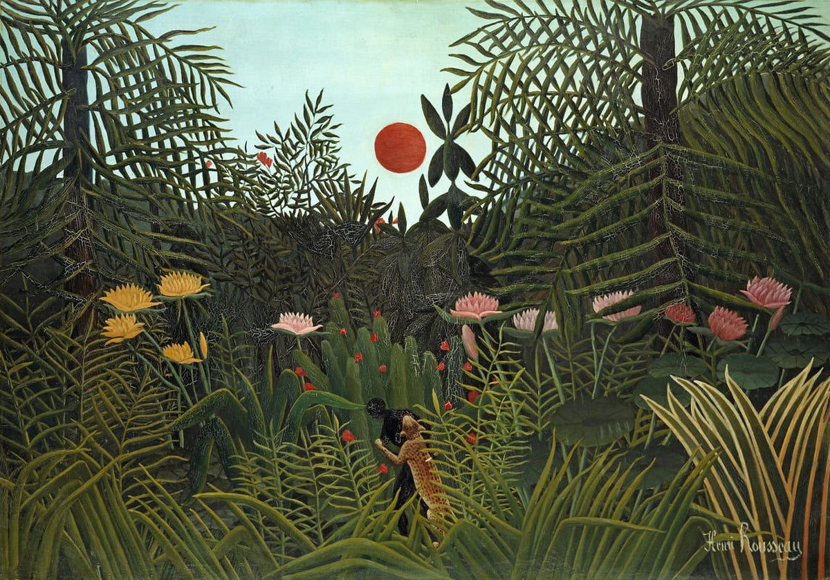 Jungle with Setting Sun poster print by Henri Rousseau, showcasing vibrant jungle scenery.