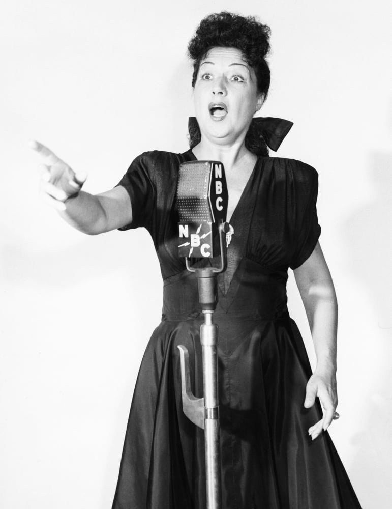 Ethel Merman 1940s photo print at NBC radio microphone.