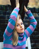 Carol Lynley photo print in blue and purple striped sweater, available in multiple sizes.
