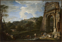 Landscape with the Arch of Titus Art Print by Giovanni Paolo Panini, showcasing historical architecture and serene landscapes.