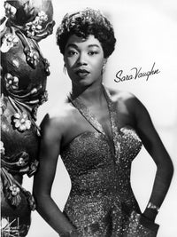 Elegant portrait photo print of Sarah Vaughan wearing a gown.