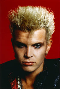 Billy Idol close-up portrait photo print with red background.