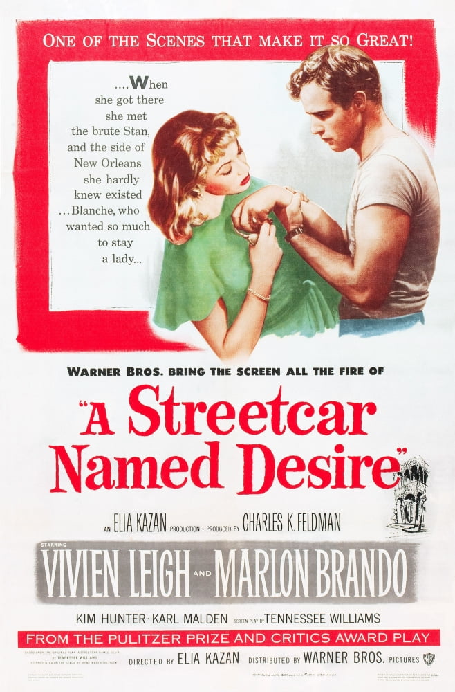 A Streetcar Named Desire movie poster featuring Vivien Leigh and Marlon Brando, 1951, 11x17 print.
