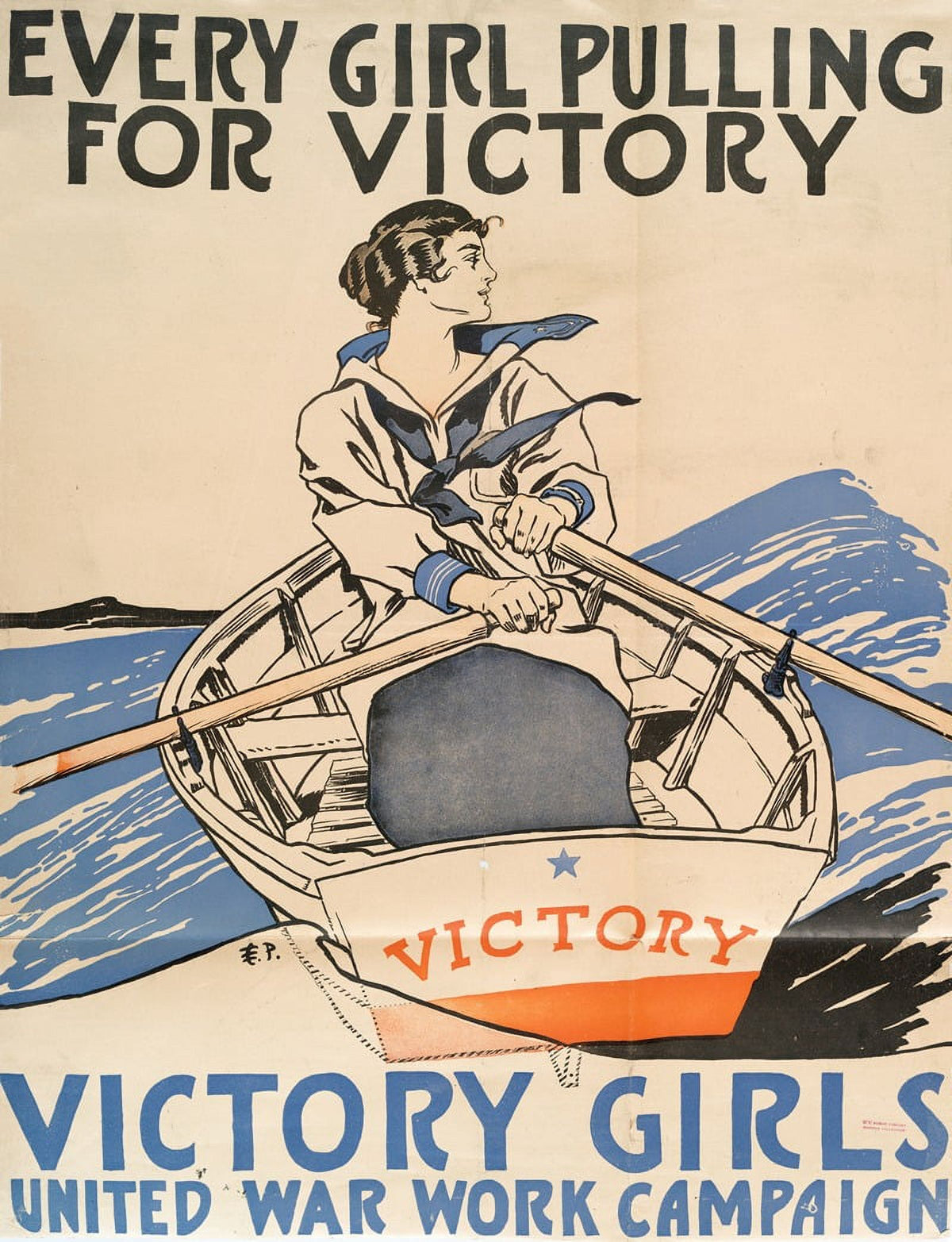 Every Girl Pulling for Victory poster print by Edward Penfield, a historical art piece from the United War Work Campaign 1918.