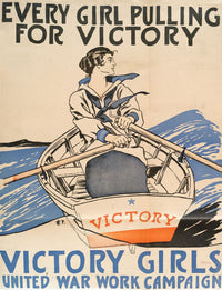 Every Girl Pulling for Victory poster print by Edward Penfield, a historical art piece from the United War Work Campaign 1918.