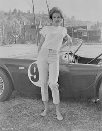 Angie Dickinson leaning on car black and white photo print