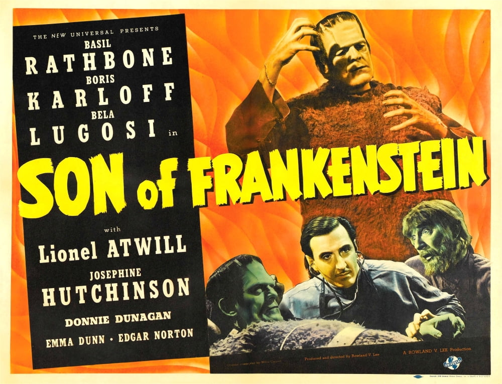 Son of Frankenstein movie poster featuring Boris Karloff, Basil Rathbone, and Bela Lugosi.