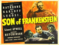 Son of Frankenstein movie poster featuring Boris Karloff, Basil Rathbone, and Bela Lugosi.
