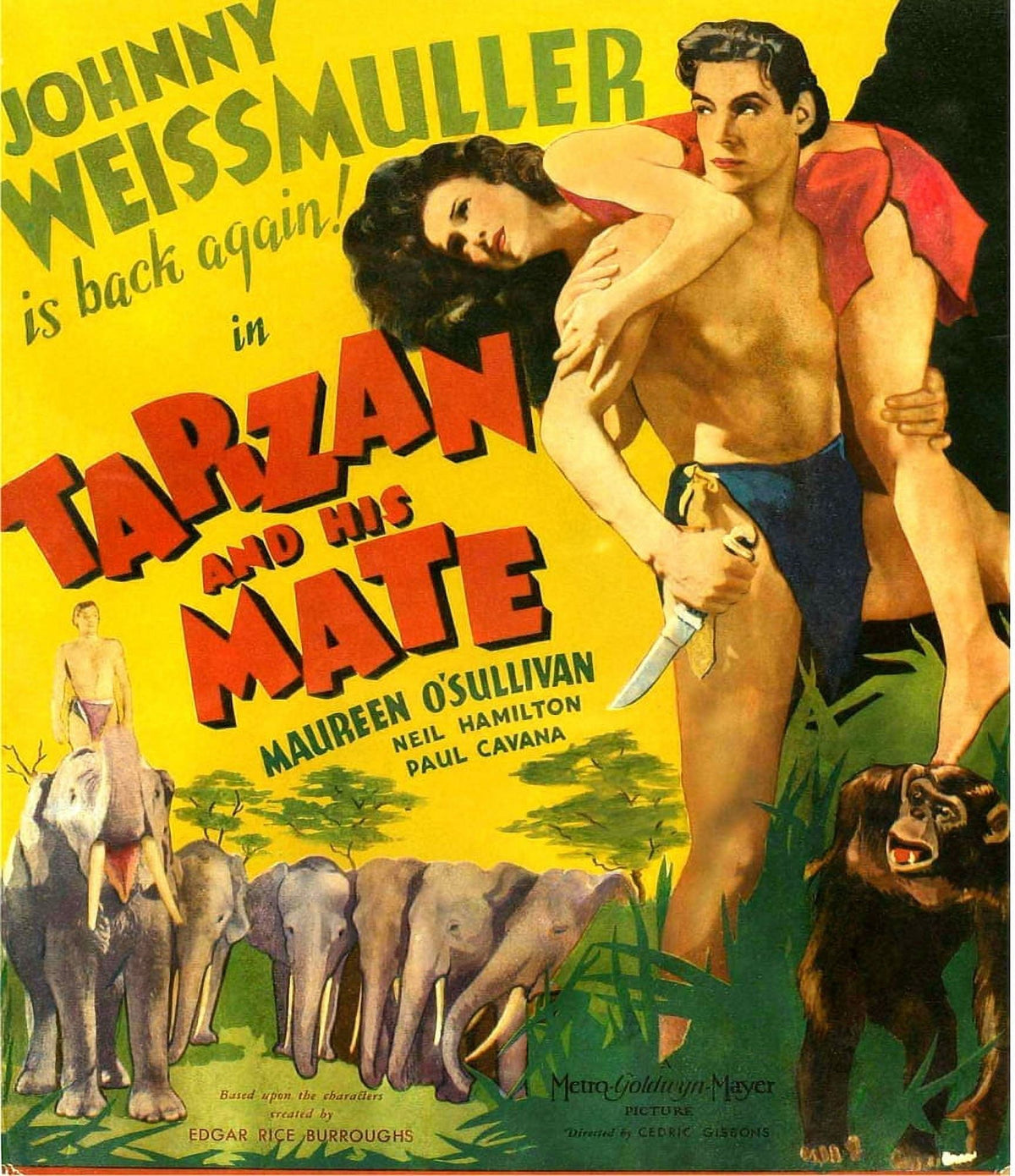 Tarzan and His Mate movie poster print featuring Maureen O'Sullivan and Johnny Weissmuller, 1934.