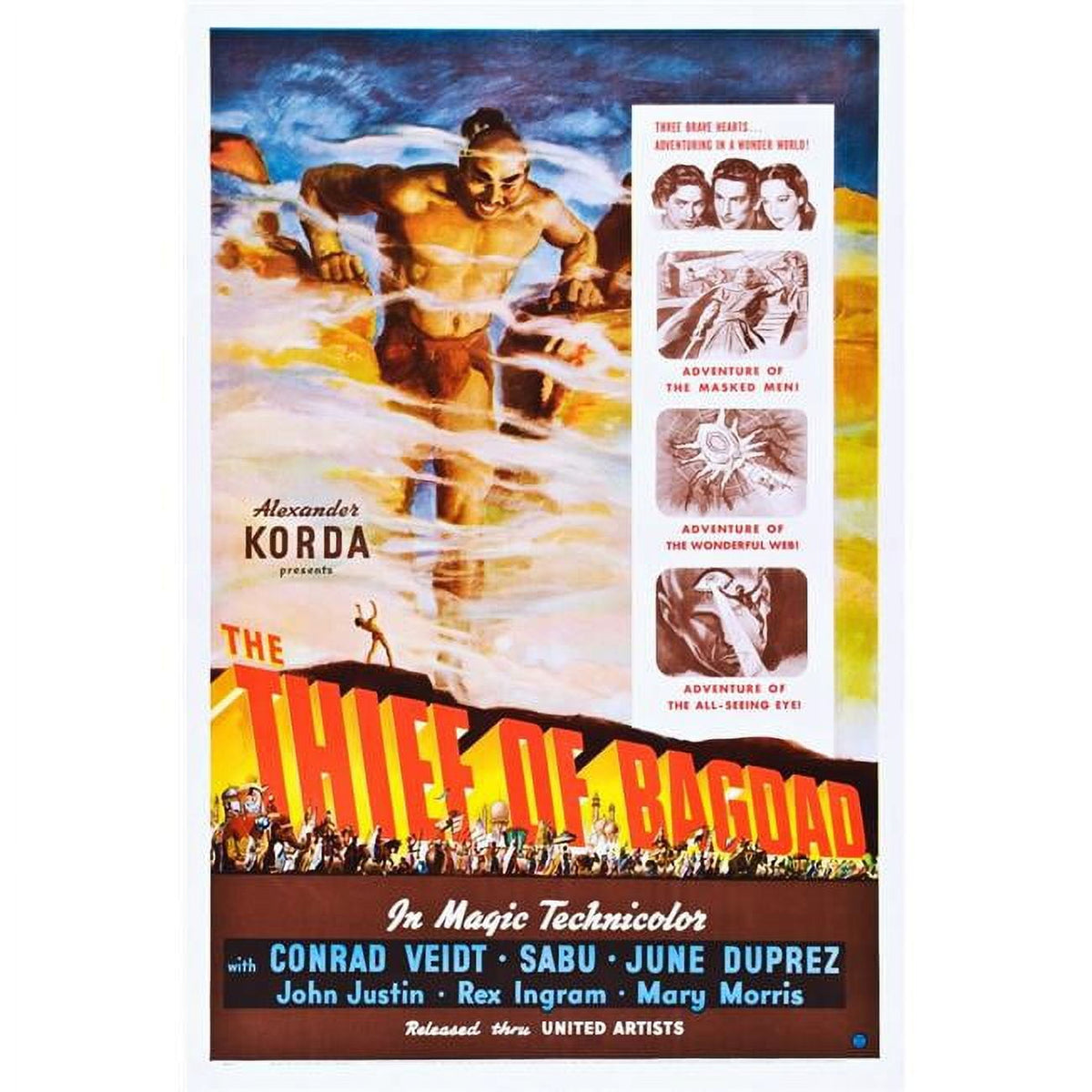The Thief of Bagdad movie poster featuring Sabu, John Justin, and June Duprez, 1940 film art print.