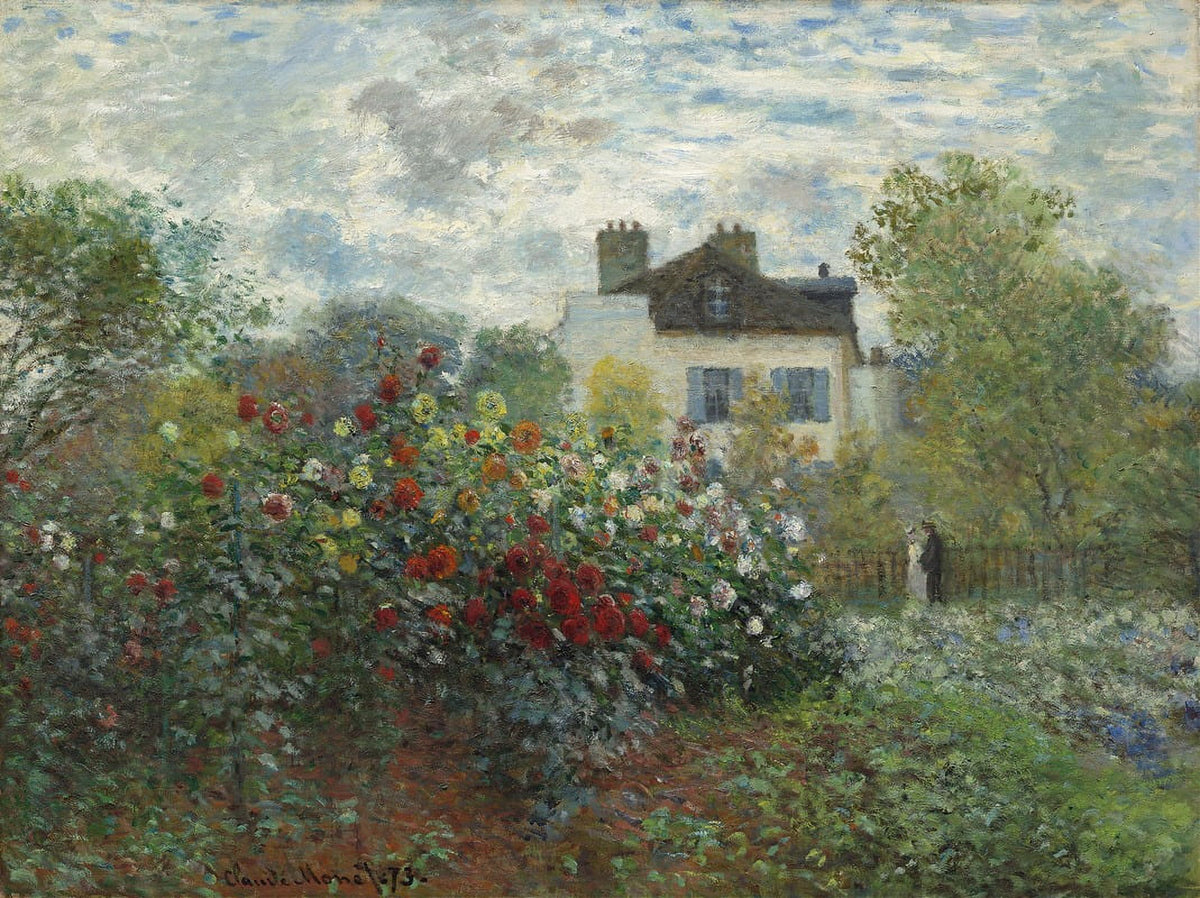 The Artist's Garden in Argenteuil poster print by Claude Monet featuring vibrant dahlias.