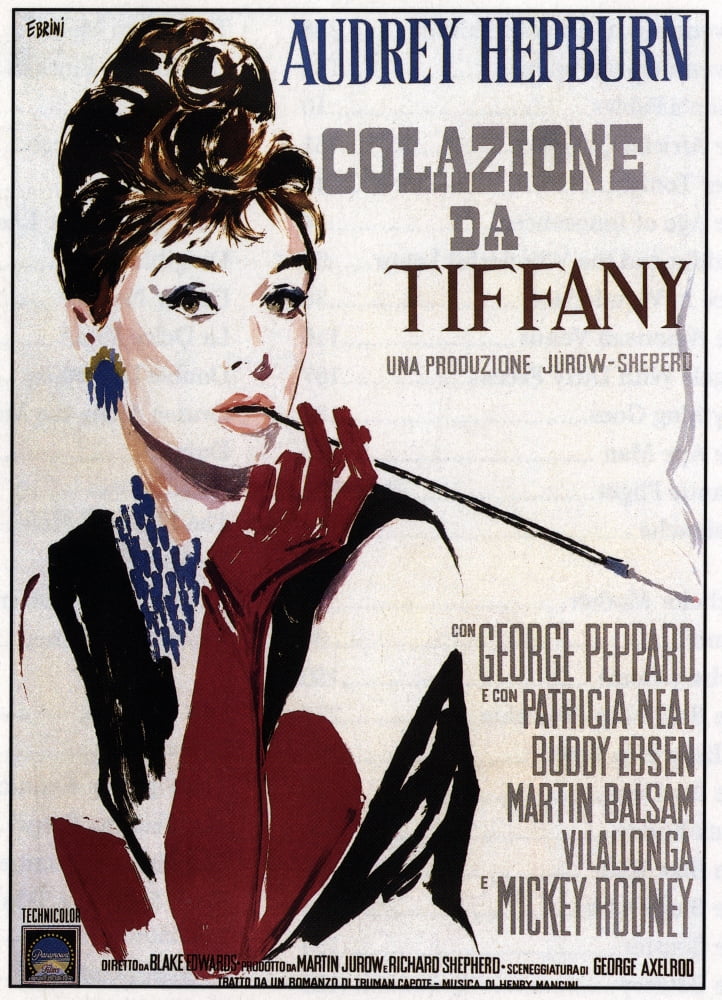 Breakfast at Tiffany's movie poster print featuring Audrey Hepburn, classic film art.