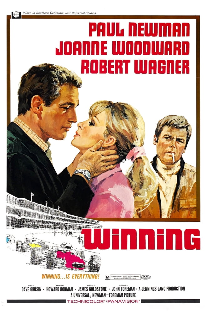 Winning from Left movie poster featuring Paul Newman, Joanne Woodward, and Robert Wagner, 1969 film.