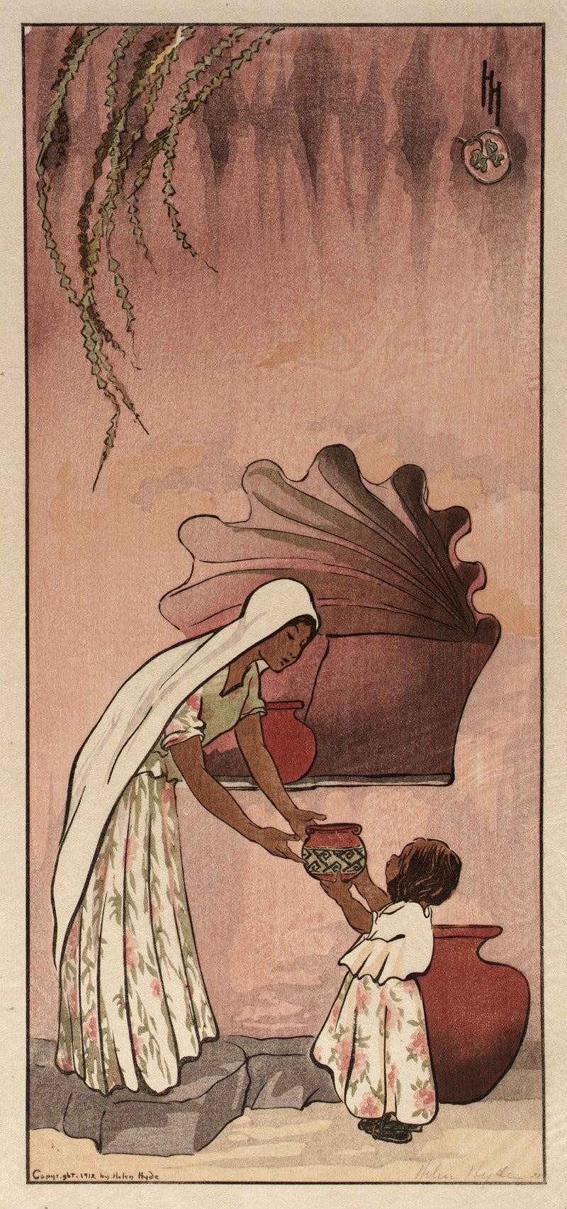 A Mexican Rebecca 1912 Art Print by Helen Hyde - vibrant colors and cultural details