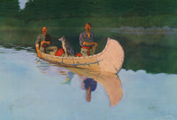 Art print of two men and a dog in a canoe by Frederic Remington