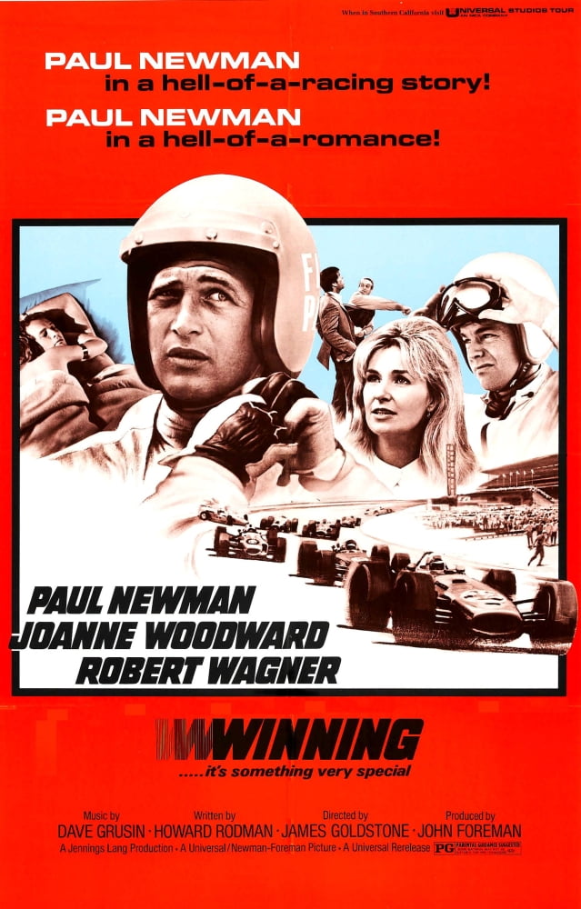 Winning from Left movie poster featuring Paul Newman, Joanne Woodward, and Robert Wagner in vibrant colors.
