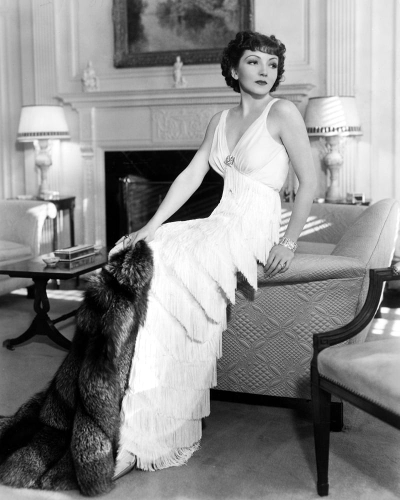 Claudette Colbert in fringed gown and silver fox cape 1937 photo print
