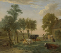 Cows in a Meadow Near a Farm Poster Print