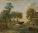 Cows in a Meadow Near a Farm Poster Print