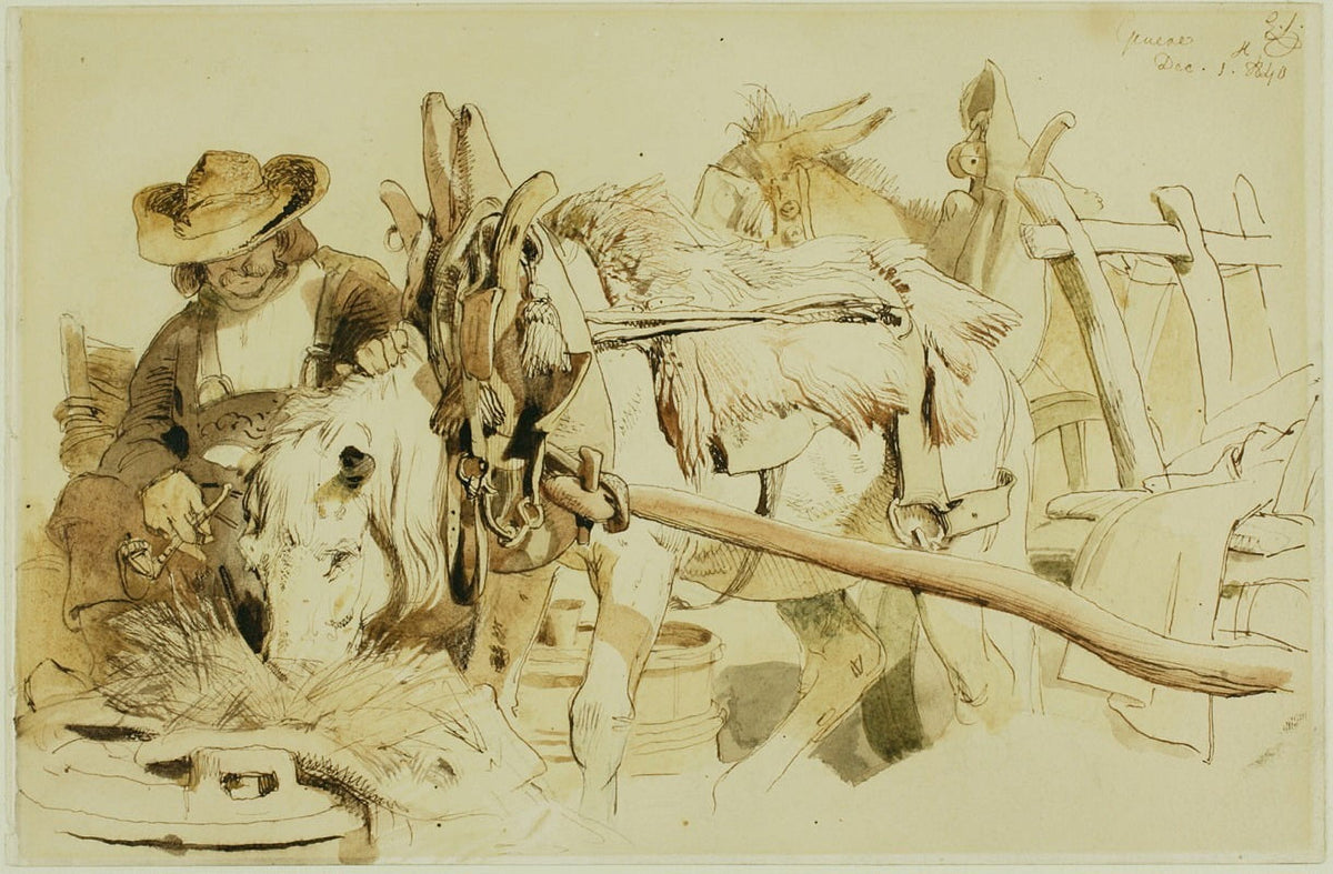 A Farmer Feeding His Pony art print by Sir Edwin Henry Landseer, showcasing a farmer caring for a pony.