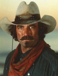 Tom Selleck photo print in green sleeves with red scarf and hat