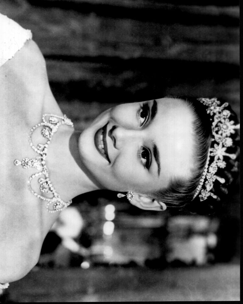 Audrey Hepburn wearing tiara in Roman Holiday black and white photo print.