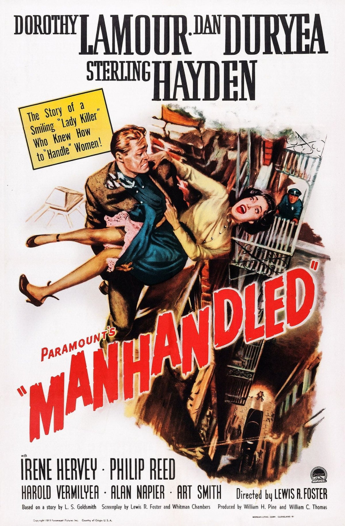 Manhandled movie poster featuring Dan Duryea and Dorothy Lamour from the 1949 film.