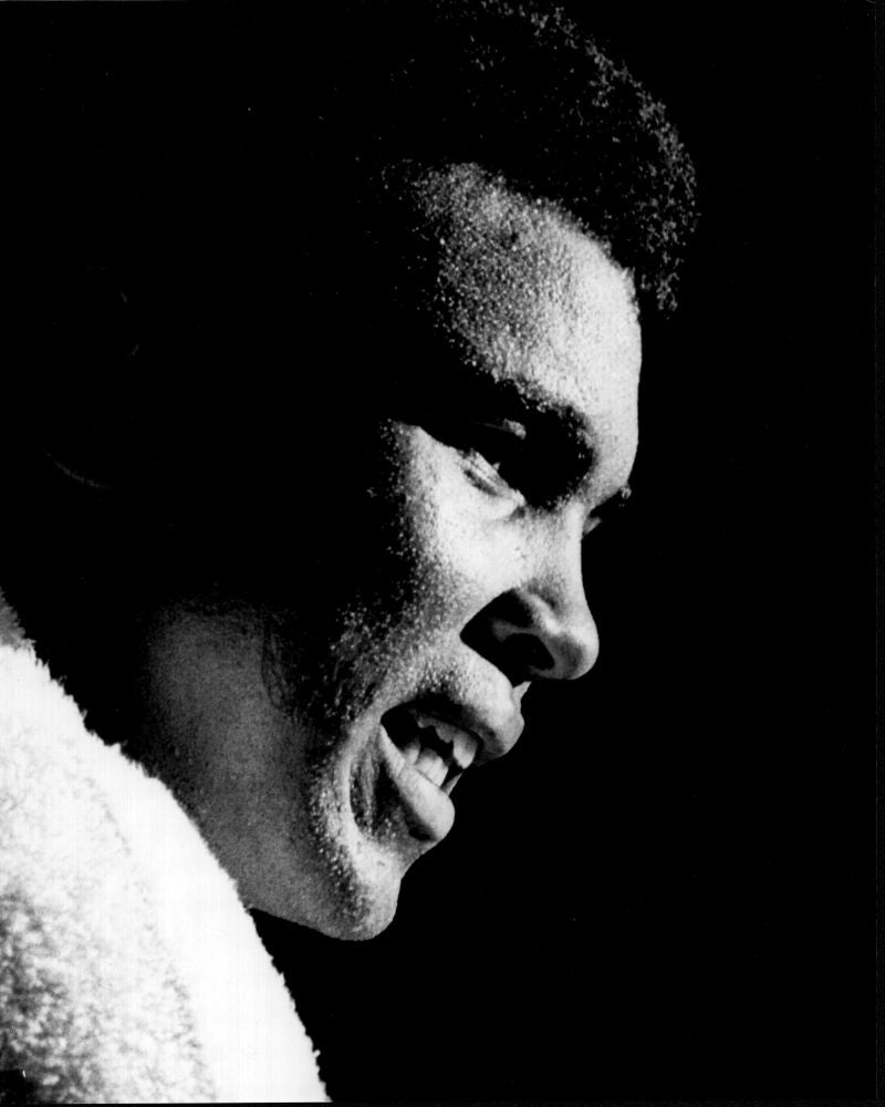 Muhammad Ali black and white photo print, iconic boxing legend.