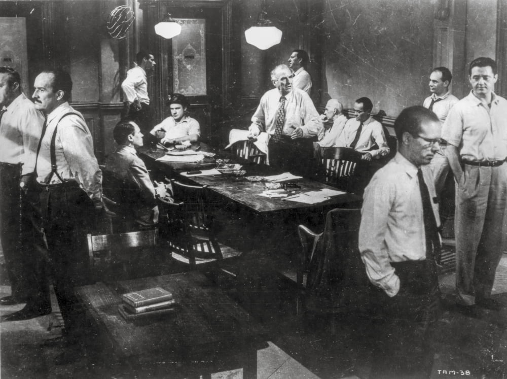 Black and white photo print of Twelve Angry Men in a conference room scene.