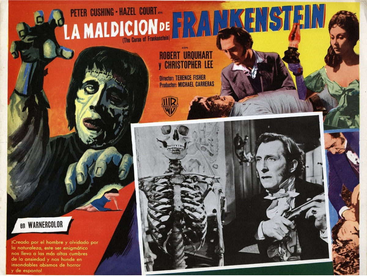 The Curse of Frankenstein movie poster art featuring Peter Cushing and Christopher Lee, 1957 horror film