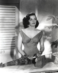 Black and white portrait photo print of Jane Russell in an elegant gown, available in multiple sizes.
