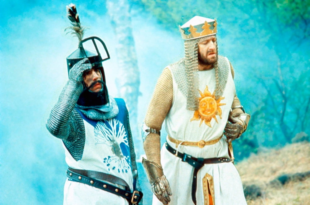 Monty Python and the Holy Grail photo print featuring Terry Jones and Graham Chapman as King Arthur.