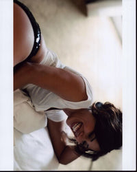 Michaela Conlin Laying in Sequin Panties and White Shirt Photo Print