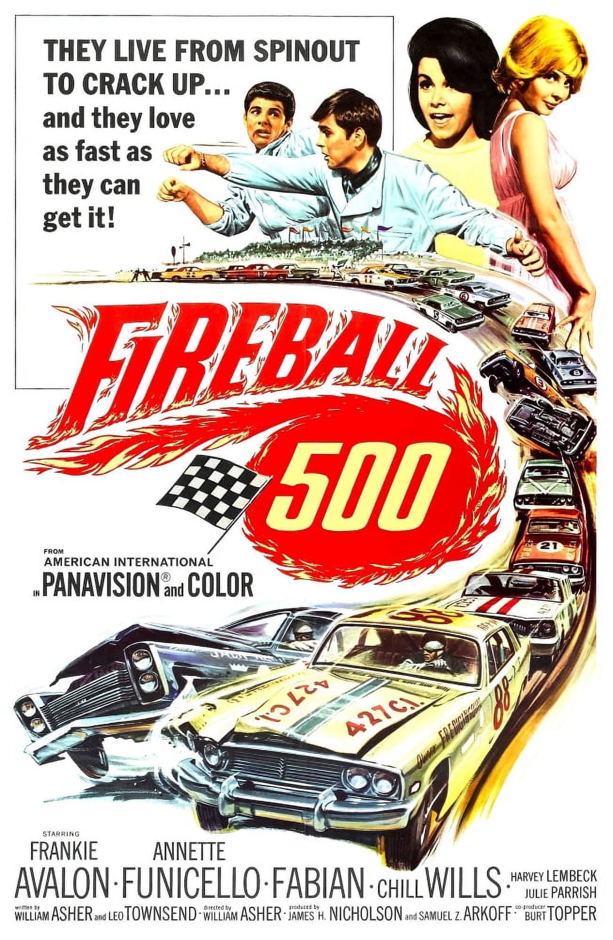Fireball 500 movie poster print featuring Frankie Avalon, Fabian, Annette Funicello, and Julie Parrish.