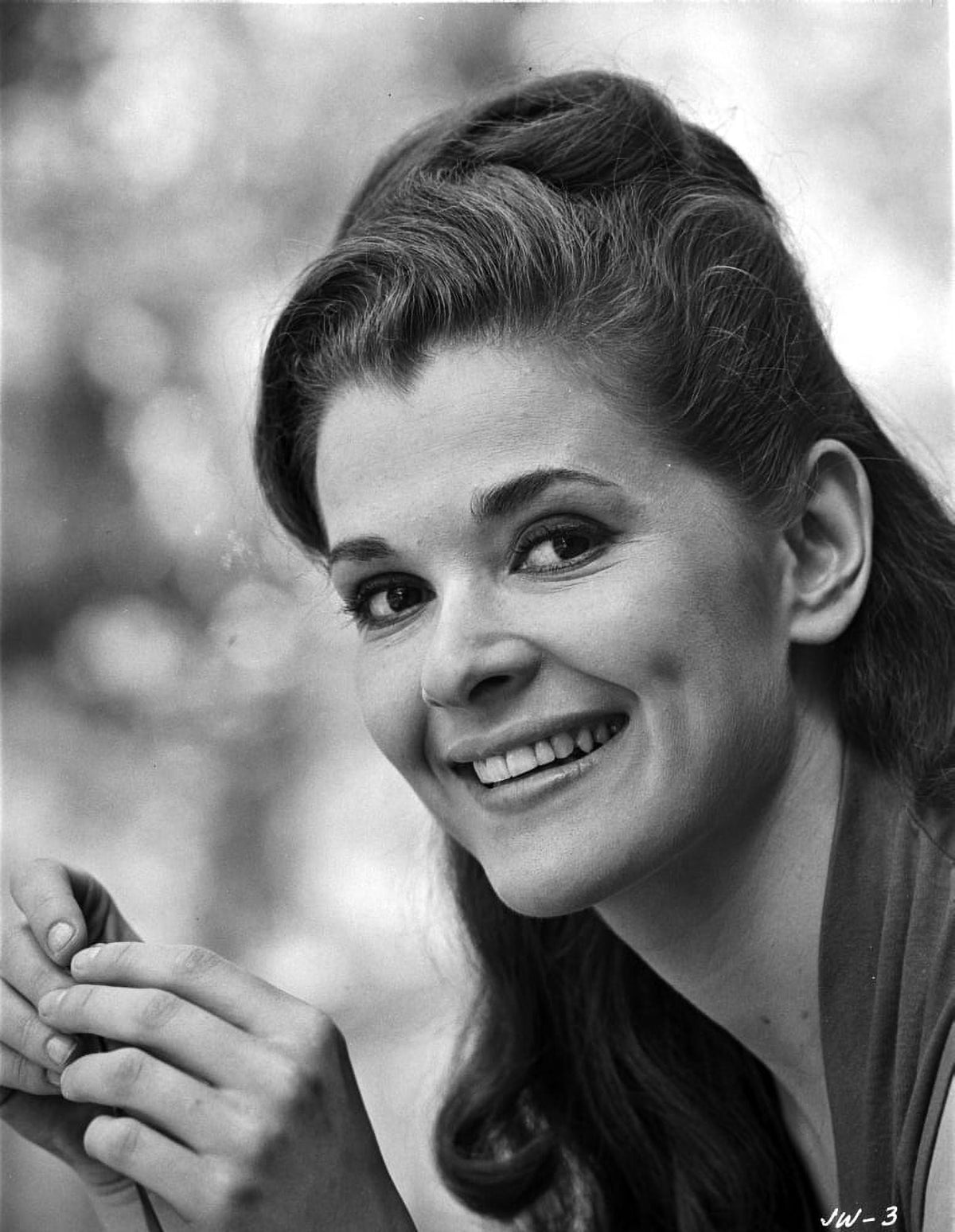 Jessica Walter portrait photo print in grey pleated dress, elegant and classic.