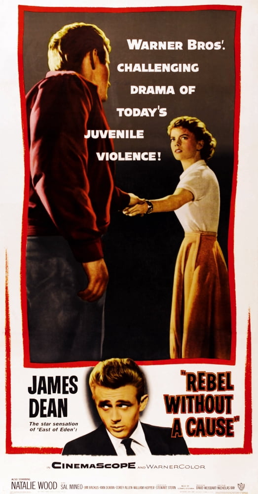 Rebel Without a Cause movie poster print featuring James Dean and Natalie Wood.